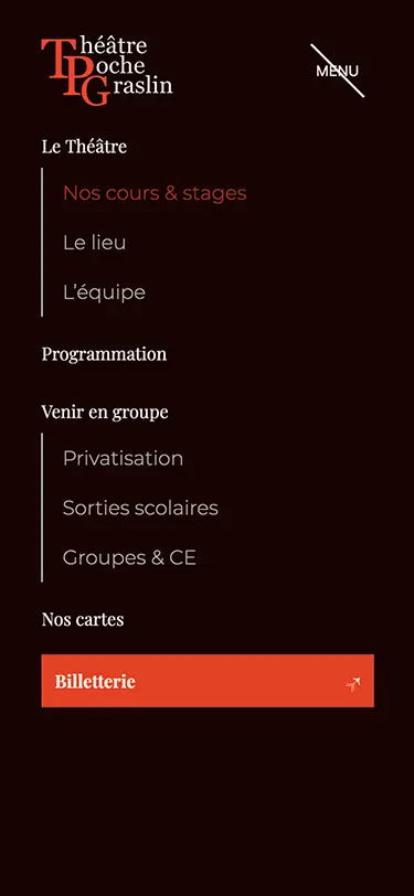 Menu mobile du site internet wordpress réalisé par Kévin Réaux @krikrak pour le Théâtre de Poche Graslin à Nantes